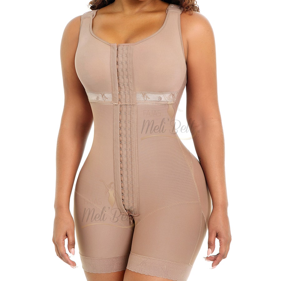 Beige shapewear garment worn by a model on a white background