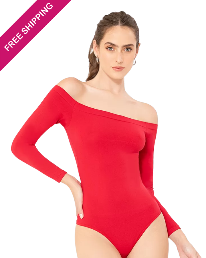 Red off-shoulder bodysuit worn by a model on a white background with free shipping text.