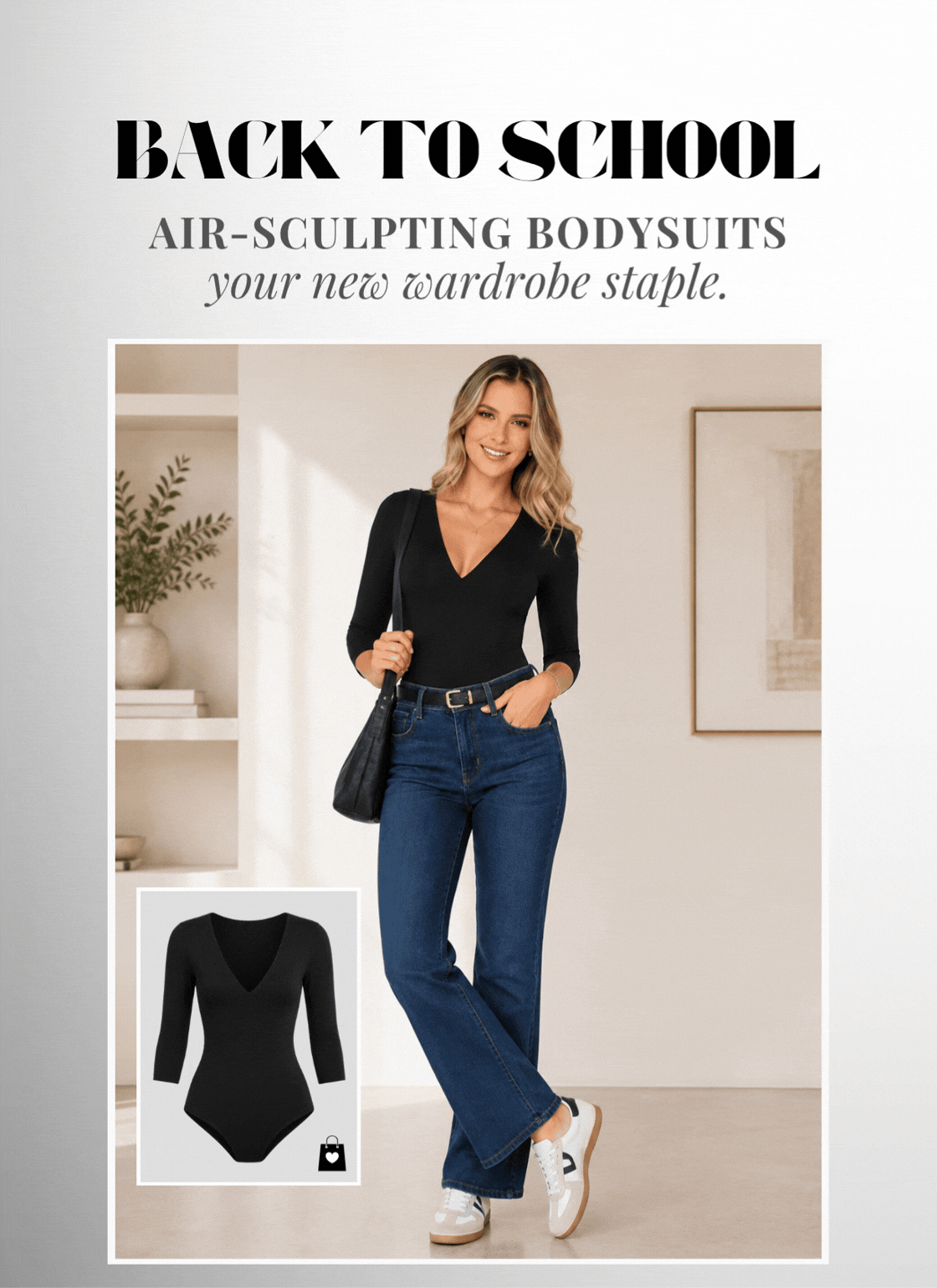Promotional graphic for 'Back to School' air-sculpting bodysuits, featuring three models wearing blue jeans styled with different bodysuit tops (black, brown, and black) in a bright interior setting. The graphic includes text at the top and inset product images showing the bodysuits.