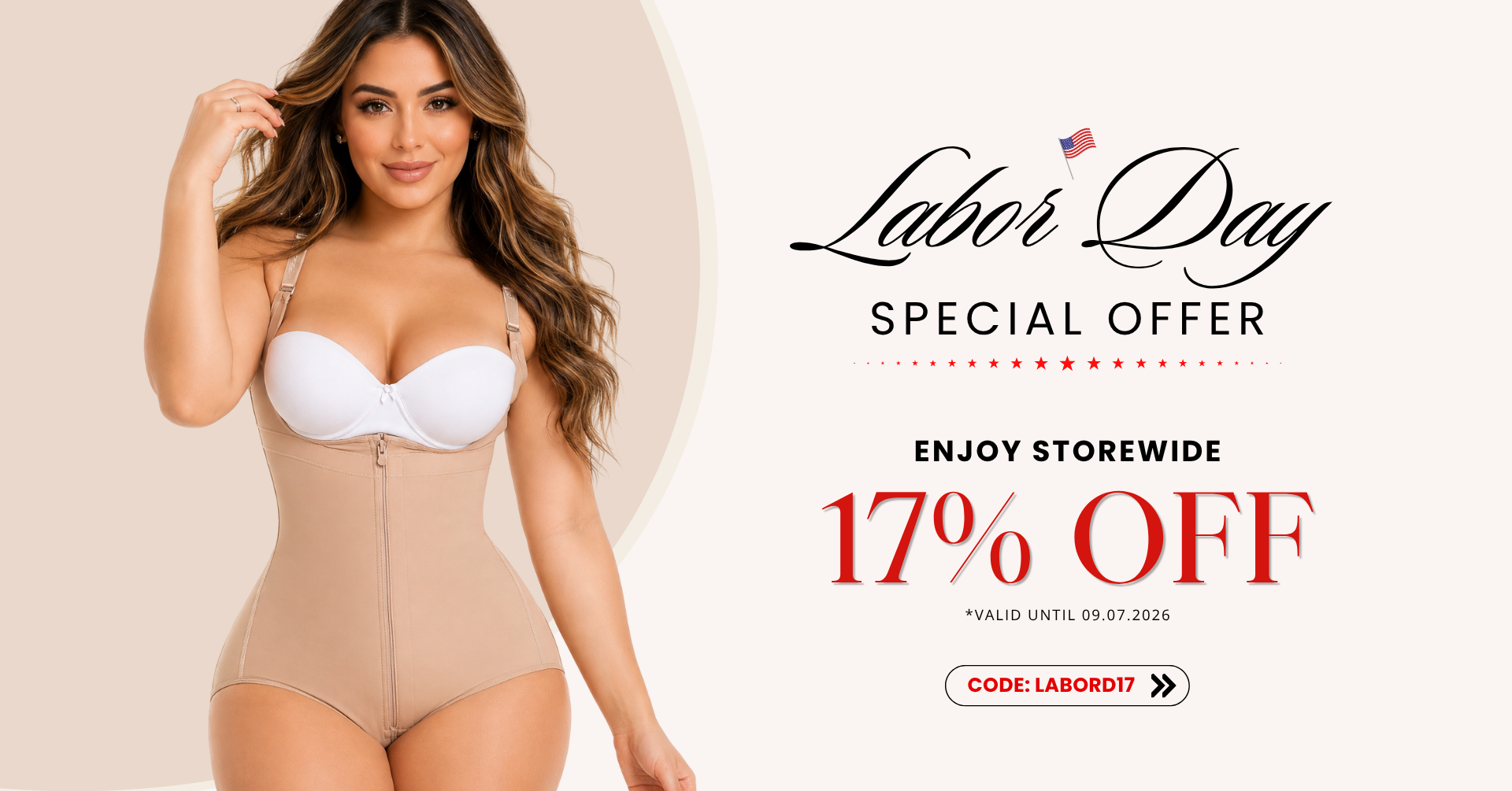 A promotional banner featuring a woman modeling a beige shapewear bodysuit with a white bra. The right side of the image contains text advertising a 'Labor Day Special Offer' with '17% OFF' and a 'Code Labord17' button.