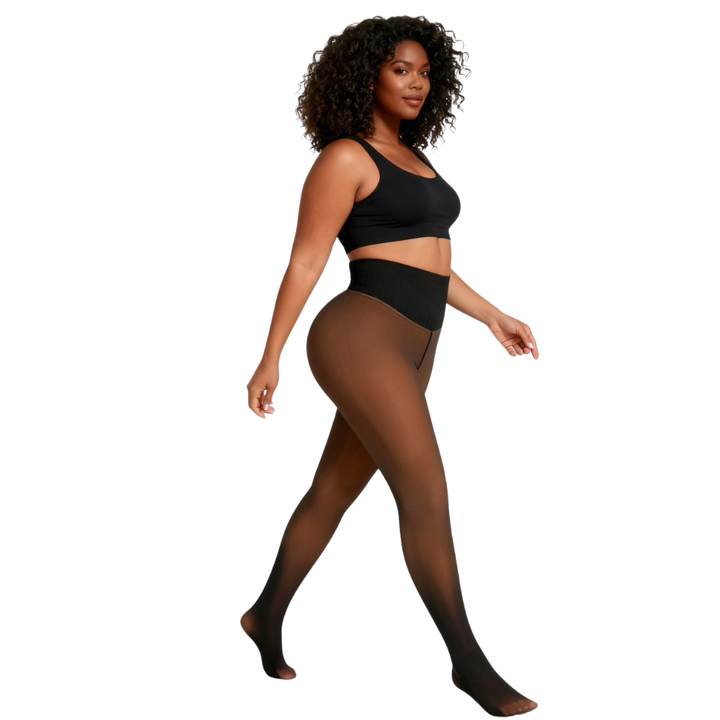 Woman wearing fleece tights on a white background