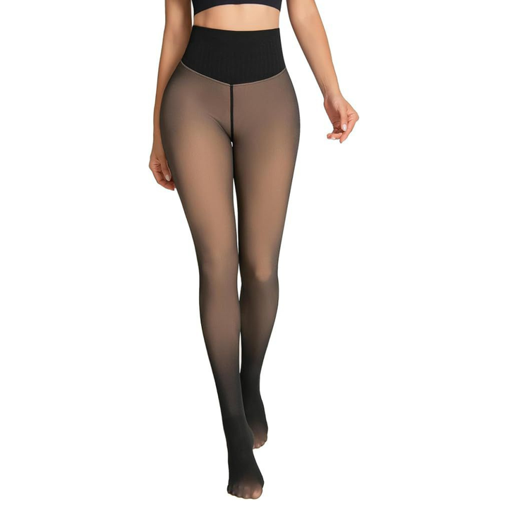 Woman wearing vanilla color tights on a white background