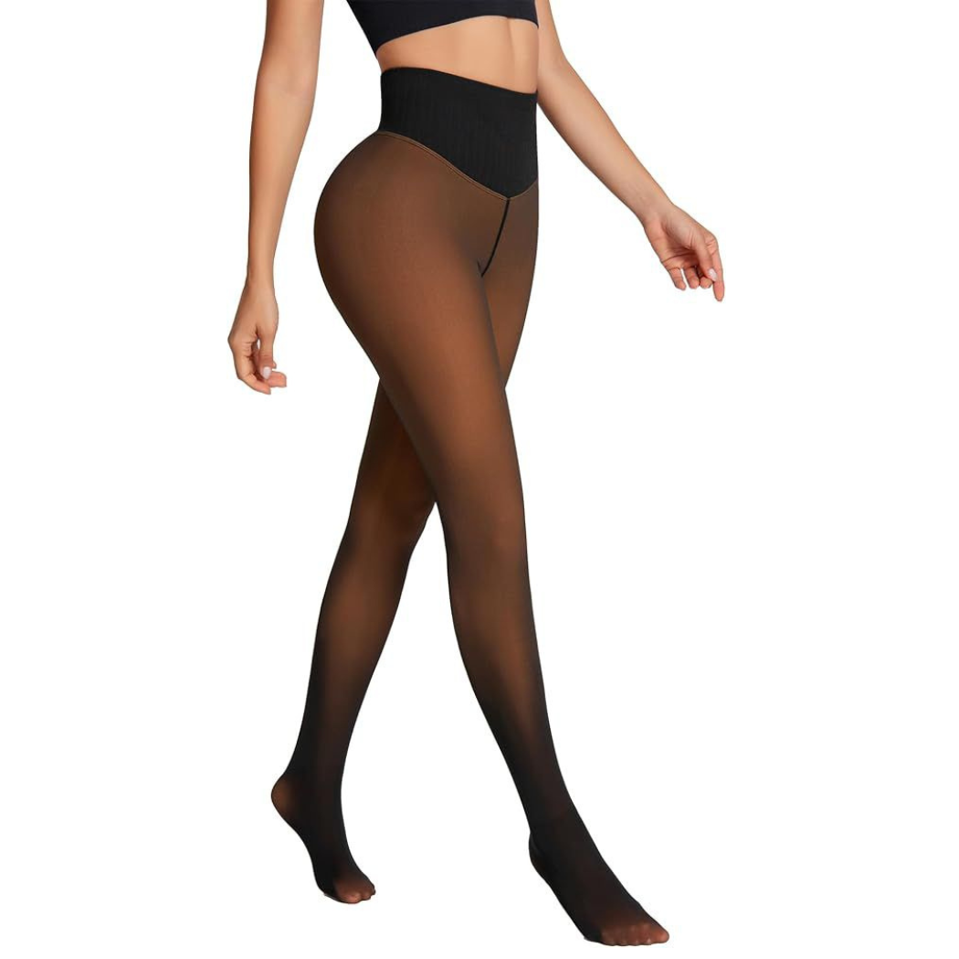 Latte color tights worn by a model on a white background